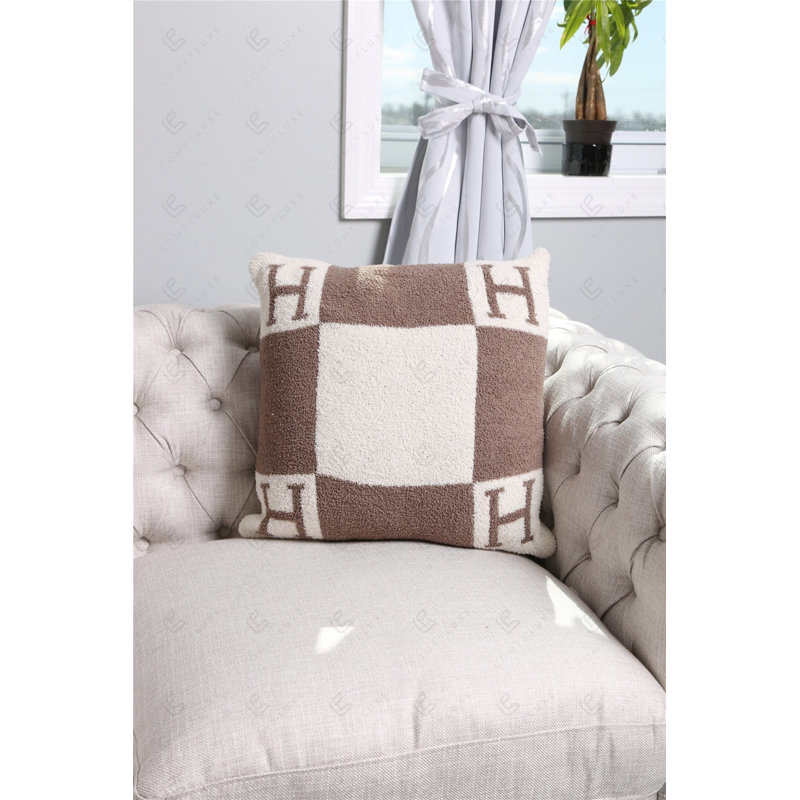 Housse de coussin moelleuse de luxe Initiale «H» - Beige, Beige / Blanc