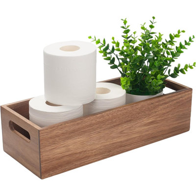 Panier de rangement pour réservoir de toilette en bois d'acacia avec poignées, organisateur de salle de bain naturel pour papier hygiénique, articles de toilette, comptoirs et étagères