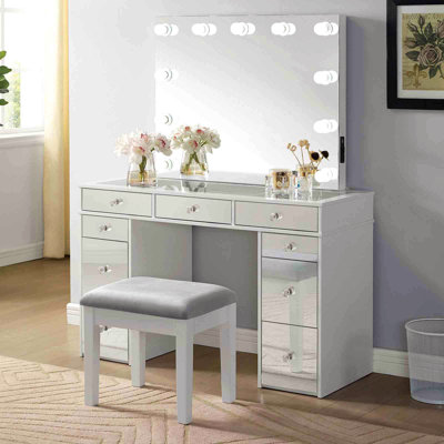 Contemporary Style 1Pc Vanity W/ Stool Set Glass Top Storage Drawers Central Mirror W/ Bulbs Usb And Power Outlet White And Gray Finish