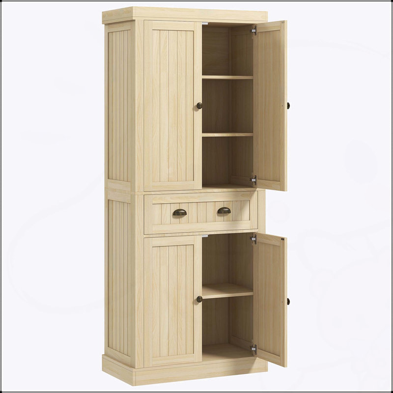 Garde-manger autoportant de style ferme avec 4 portes à fermeture douce, 2 tablettes réglables et un tiroir pour un rangement et une organisation polyvalents