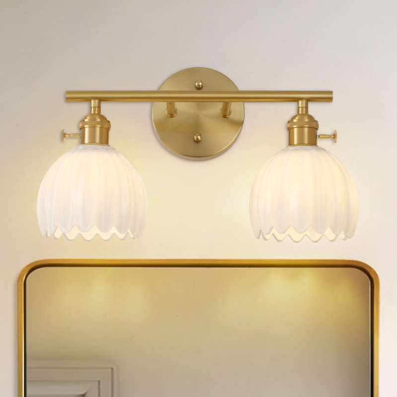  Light Dimmable Bathroom Vanity Light With White Glass Shades, Brushed Brass, 9.17" H x 14.9" W x 6.8" D, 2 Lights