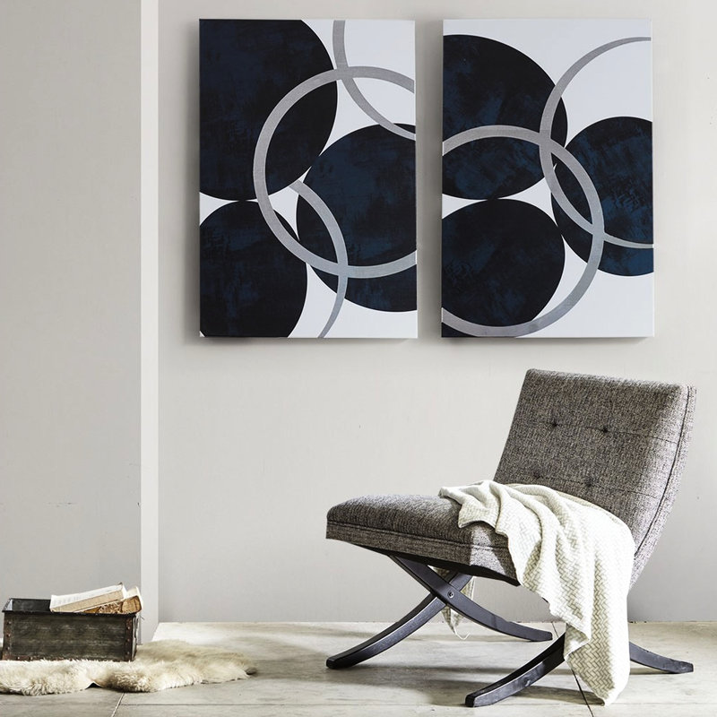 2 art mural contemporain sur toile - Cercle bleu marine, argent 24 x 36 pouces, abstrait moderne, intérieur 24 "x 36"