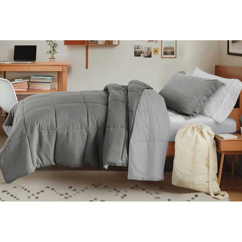 8-PC College Dorm Twin XL Bedding Bundle - Comforter Set, Sheet Set, Pillows and Laundry Bag, Gray / Light Gray