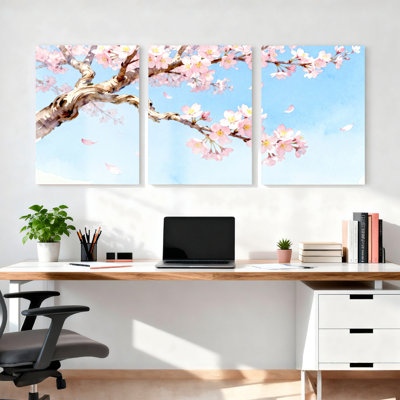 Ensemble de 3 tableaux aquarelles sur toile tendue représentant des branches de cerisier en fleurs, pour la décoration du salon et de la chambre.