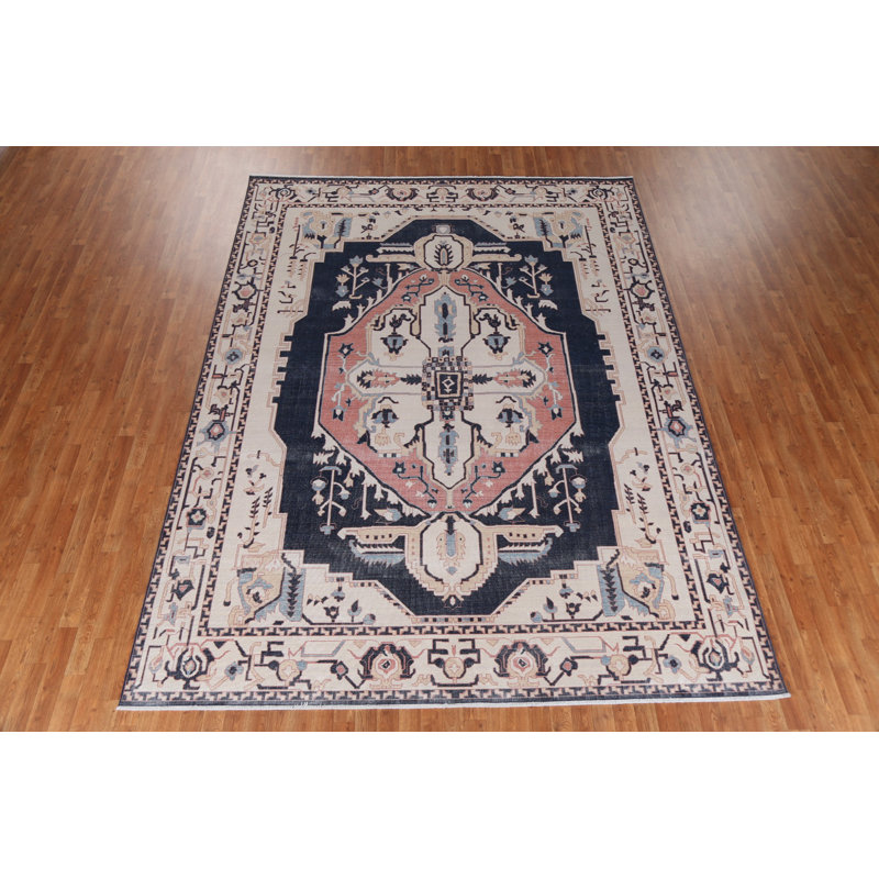 Tapis bleu marine / bleu / beige en laine noué à la main de conception unique 9 pi x 11 pi 9 po