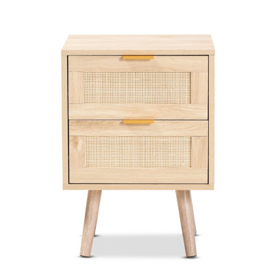 Baird Light Oak Brown Wood and Rattan 2 Drawer Mid Century Modern Nightstand by George Oliver