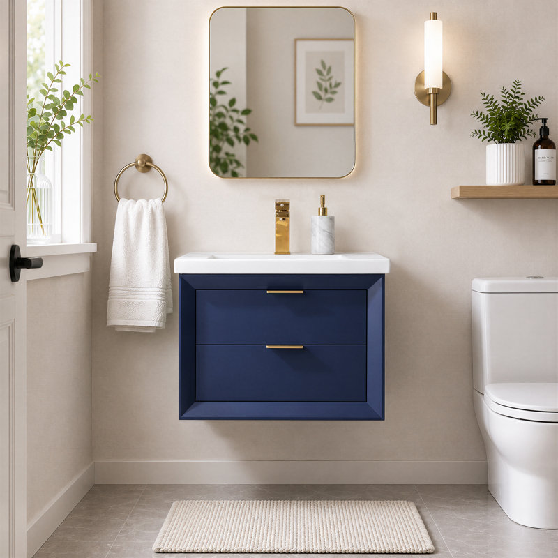 Ensemble de meuble-lavabo simple mural 24 po avec plateau en céramique Draven, bleu, 24" W 