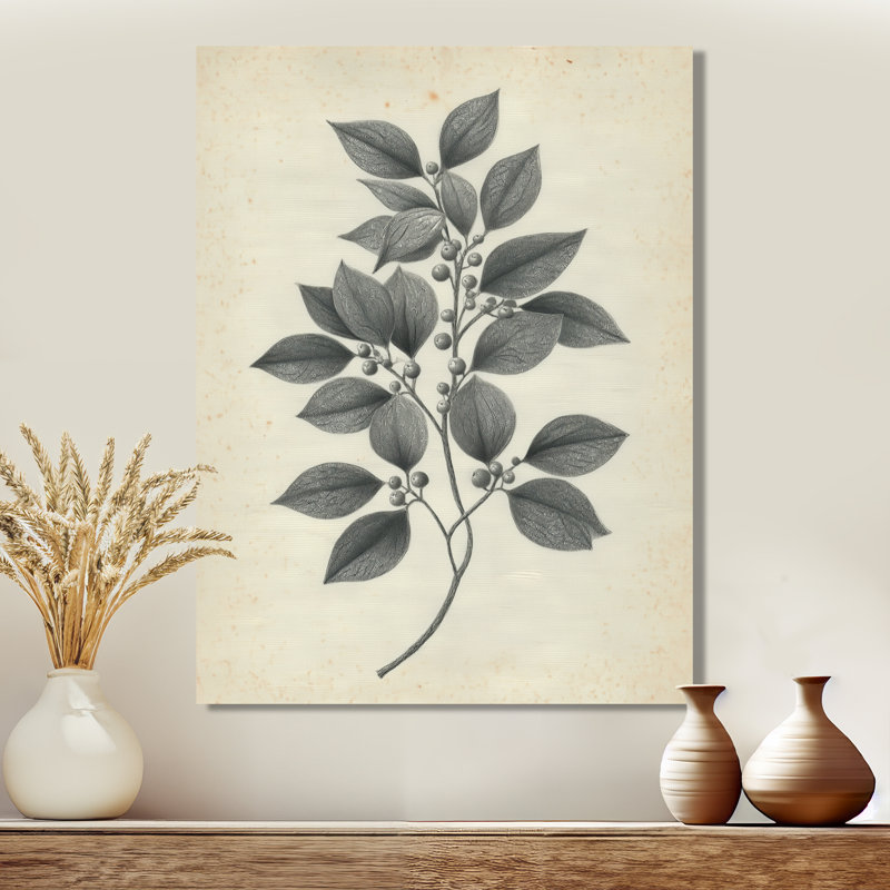 Impression sur toile botanique grise, H 20 po x l 12 po, Toile tendue, Ne s’applique pas