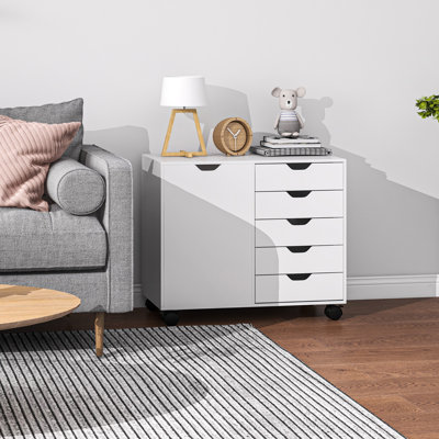 Rehanna Modern Mobile 5-Drawer Cabinet w/ Door, Office Storage Cabinet White