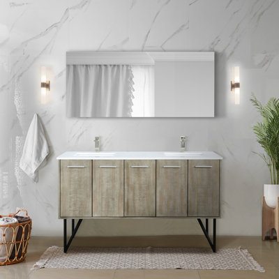 Lancy 60"" W x 20"" D Rustic Acacia Double Bath Vanity, White Quartz Top, Chrome Faucet Set -  Lexora, LLC60DKSOSM55FBN