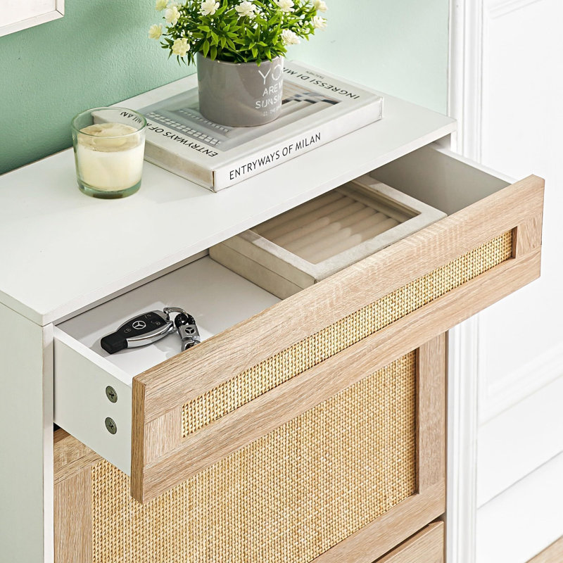 Rattan Shoe Storage Cabinet with 3 Flip Drawers & 1 Small Drawer – Narrow Freestanding Shoe Organizer with Adjustable Shelves and Anti-Tip Safety