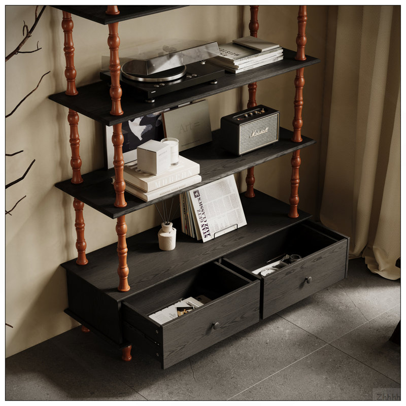 Bibliothèque avec bibliothèque et bibliothèque en bois de 74,4 pouces de hauteur, étagères et tiroirs de rangement noirs à 5 niveaux, tablettes modernes autoportantes en placage de bois massif, salon, salle d'étude, cuisine