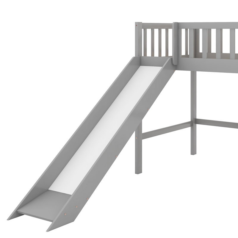 Lit mezzanine bas avec échelle et toboggan, Gris, Lit simple