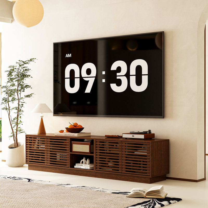 Meuble télé à 4 portes et 2 tablettes avec trous de gestion des câbles