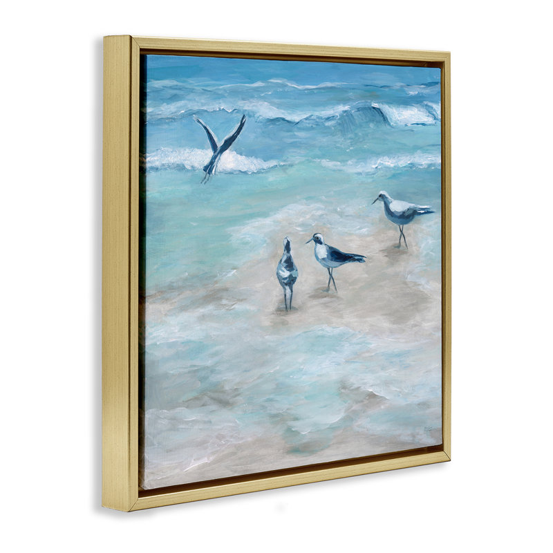 Mouettes côtières sur la plage, Cadre flottant gris lustré, H 18 po x l 18 po