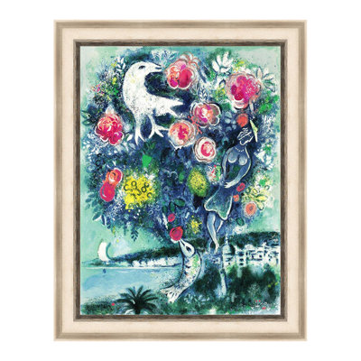 Framed Canvas Wall Art Bouquet with Dove and Fish by Marc Chagall Giclee Print Dreamlike Romantic Surrealism Painting Modern Home Decor(White Oak & Mineral Grey,22"x28")