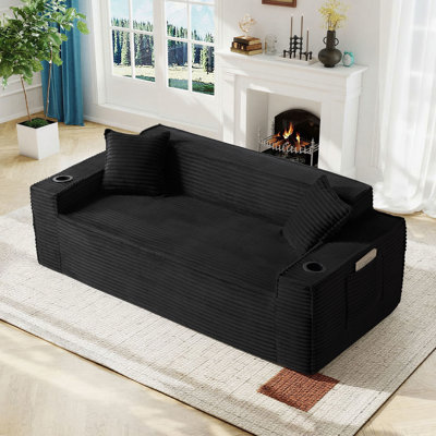 80'' W Compression Bean Bag Sofa Faux Fur Upholstered Couch Floor Sofa With Pillows&Cup Holders&Side Pocket