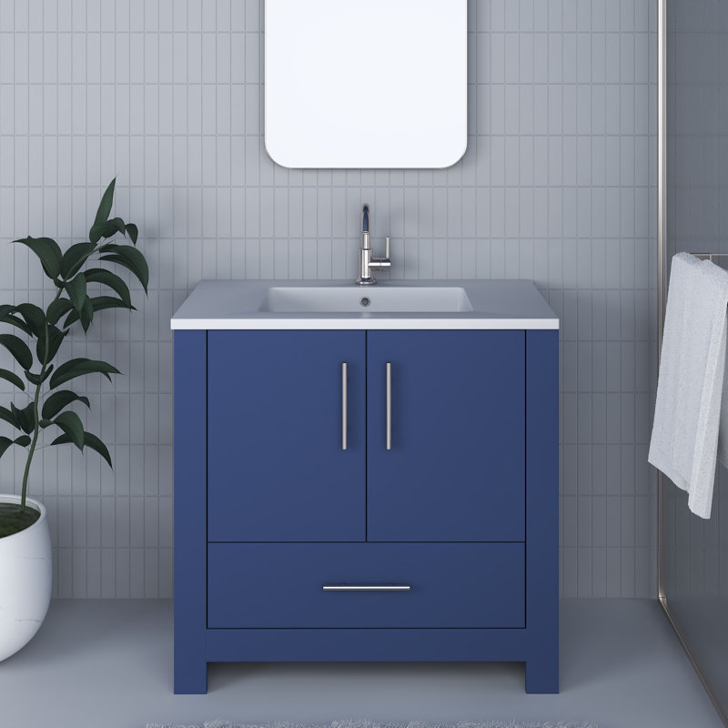 Boston 36'' Single Bathroom Vanity with Resin Top, Navy
