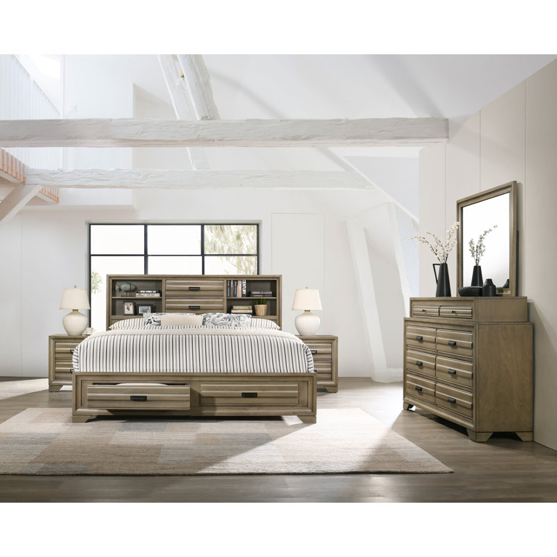 Dwain Solid Wood Piece Bedroom Set, Queen, 5 Pcs: Bed, 2 Nightstands, Dresser, Mirror