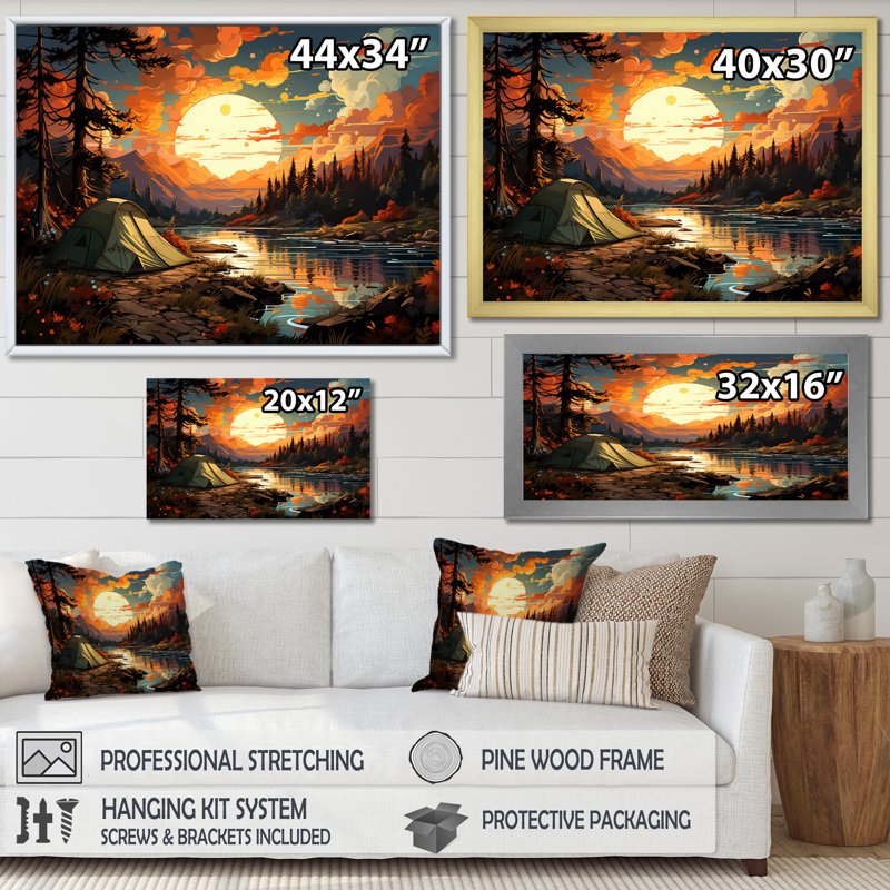«Camping By The River Scenery I», reproduction sur toile, Cadre simple noir, H 12 po x l 20 po x P 1 po
