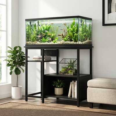 Heavy Duty Aquarium Stand for 40-50 Gallon Tank – 4-Tier Metal & Wood Storage Shelves with Power Outlets – Sturdy Organizer for Fish, Turtle, or Reptile Terrariums – Black