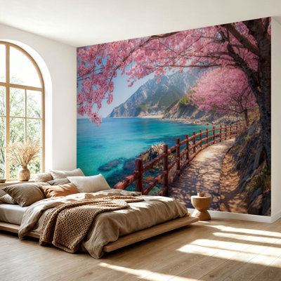 Papier peint adhésif à motif de fleurs de cerisier sur le bord de l'eau avec vue sur l'eau turquoise Adhésif mural amovible pour salle de séjour H 69 po x l 96 po
