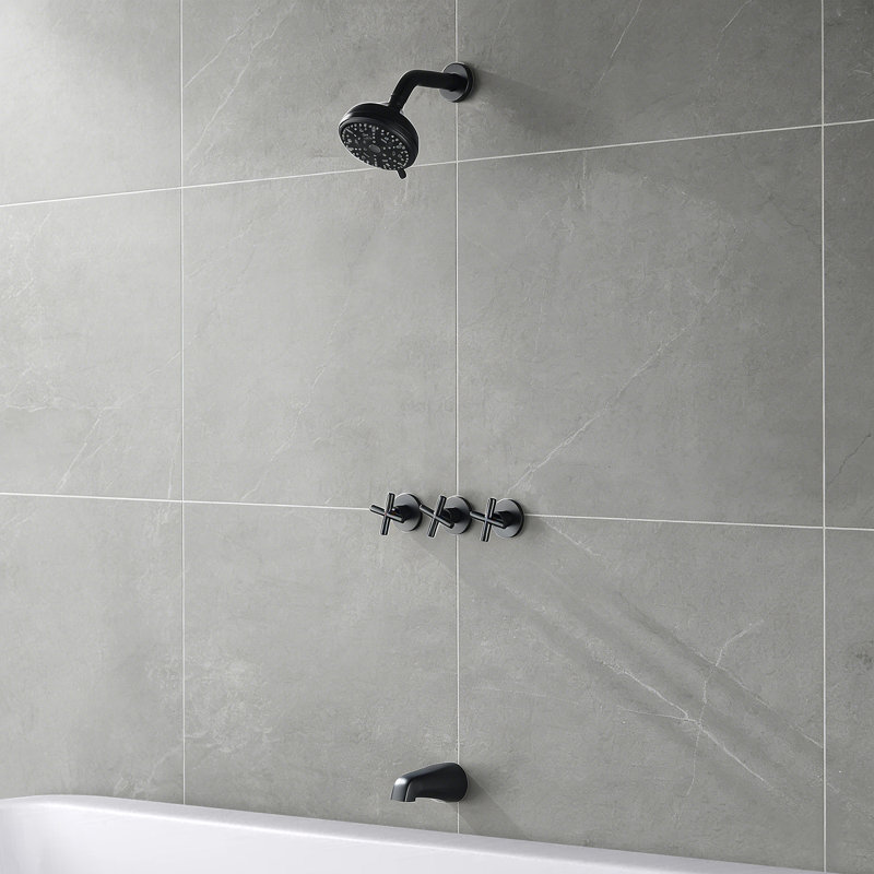 Robinet de baignoire et douche mural à 3 poignées, noir mat, Noir mat