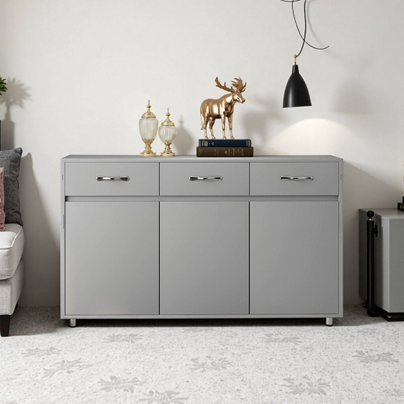 Buffet de rangement moderne gris de 52 pouces avec 3 portes et 3 tiroirs - Armoire d'entrée de grande capacité, pieds en acier massif