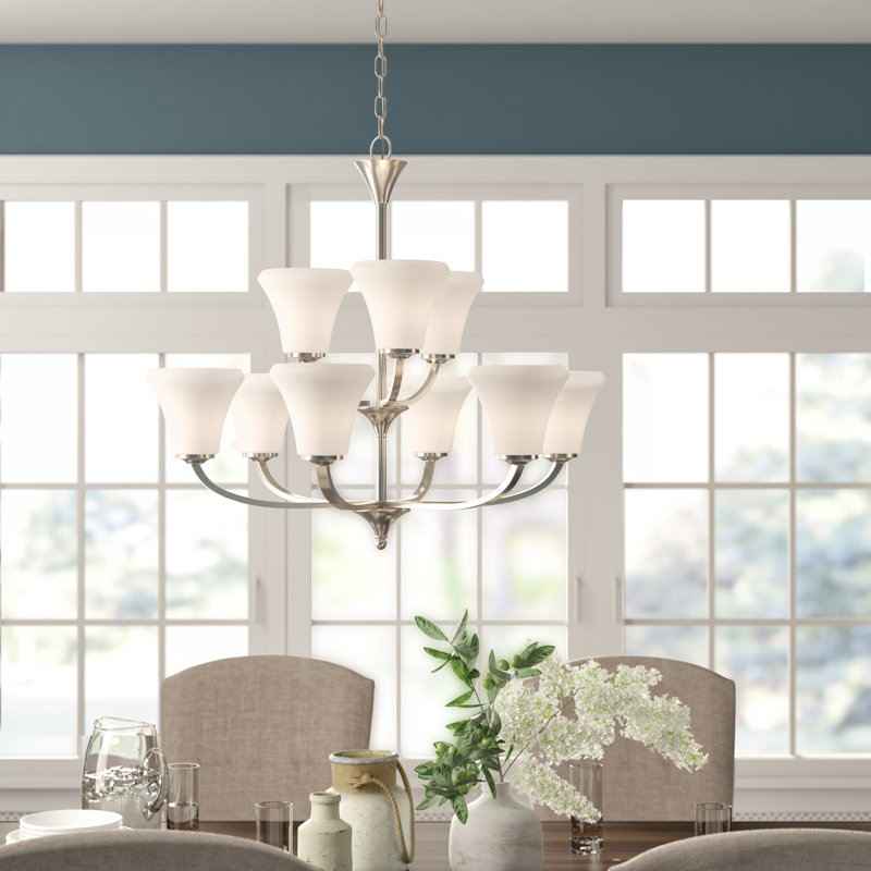 Lustre à 9 lumières avec abat-jour Bertelli, Nickel brossé