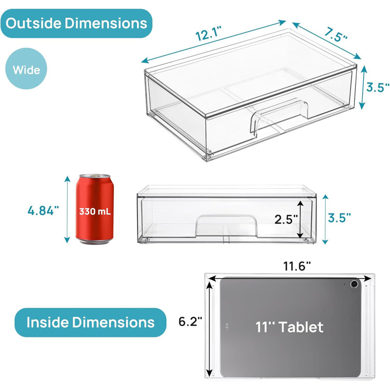 12.1" W Clear Stackable Storage Drawers, 4-pack Acrylic