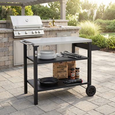 Three-Tier Outdoor Barbecue Cart With Stainless Steel Countertop And Side Rack, Equipped With Wheels For Easy Mobility; Ideal For Patios And Backyards