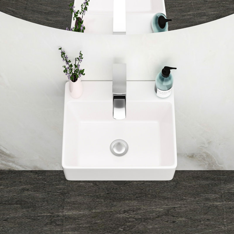 13.6X11.6 Inch Rectangle White Ceramic Wall Mount Bathroom Sink, Stain , Low Water Absorption, Floating Style, Mounting Accessories Mounted Sink With Single Faucet Hole, Acid Smooth Surface, Modern