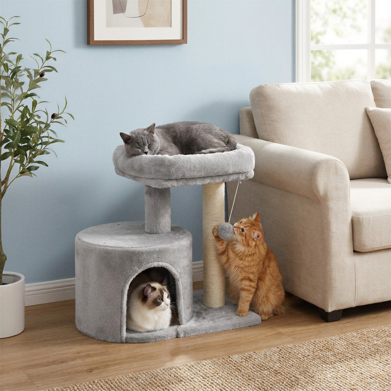 Cat Tree Tower with Condo and Scratching Post for Small Spaces, Light Gray