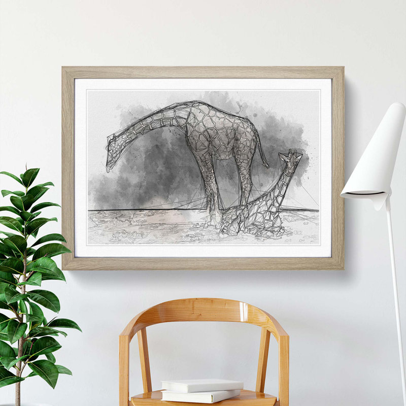 Two Giraffes in Abstract - Picture Frame Graphic Art Print on MDF, 36cm H x 48cm W x 2cm D, Oak Framed