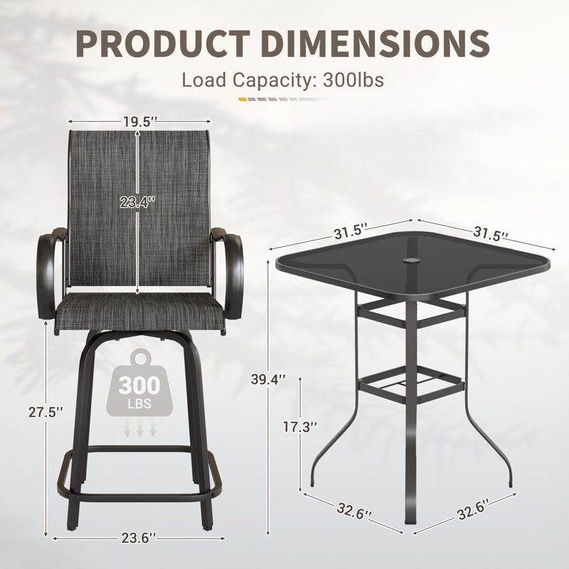 2 - Person Patio Long Bar Height Dining Set With Table, Gray