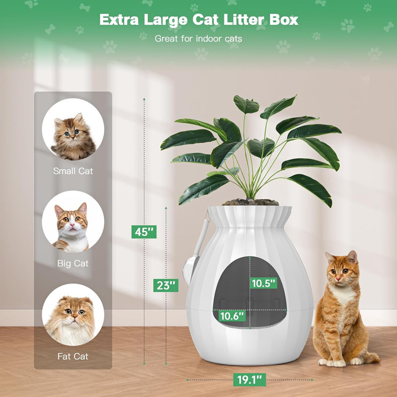 White Large Hidden Cat Litter Box with Faux Plant and Odor Control