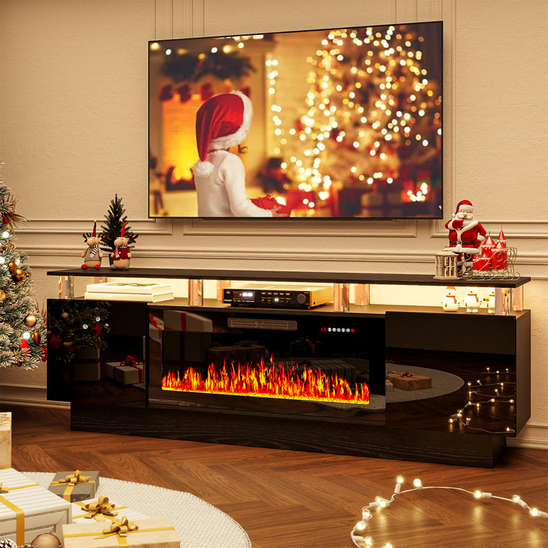 Meuble télé à 2 niveaux de 70 po avec foyer électrique brillant, Noir