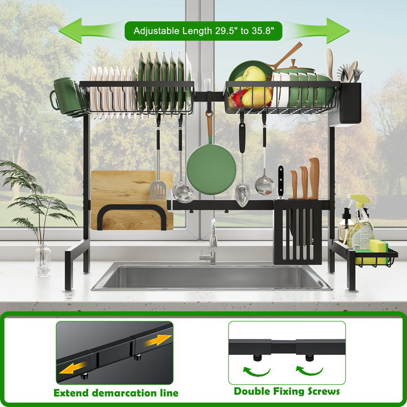 Expandable 2-Tier Over the Sink Dish Drying Rack, Adjustable Kitchen Sink Organizer with Snap-on Design Single