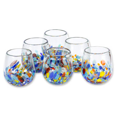 Hand Blown Colorful 8 oz Wine Glasses (Set of 6) - Confetti Festival