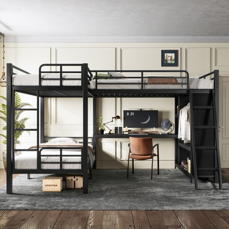 Twin XL Over Twin XL L-Shaped Metal Bunk Bed With Full Loft Bed, Desk And Wardrobe