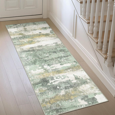 Tapis de couloir pour couloir de cuisine, tapis de couloir lavable à la machine de 2 pi 6 po x 10 pi pour le vestibule, tapis décoratifs modernes et doux, revêtement de sol à poils courts avec envers antidérapant, vert clair
