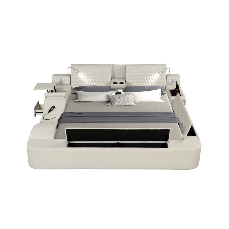 Lit masseur multifonctionnel intelligent fabriqué en bois et similicuir beige, Très grand lit, Beige