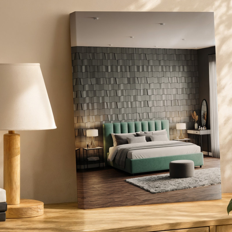 Toile, intérieur de chambre à coucher moderne monochrome avec art mural tapissier moelleux et tête de lit vert pâle