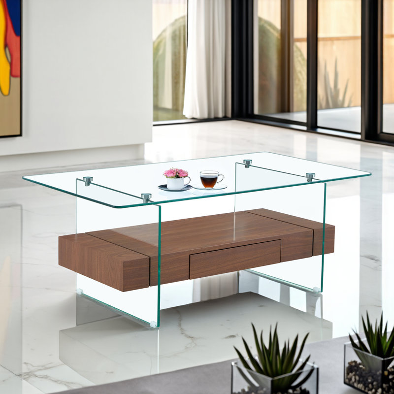 Table basse moderne avec pieds en verre avec rangement double et tiroir, Brun