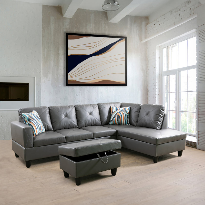 Canapé modulaire en cuir 3 pièces Andelina, Similicuir gris, Accoudoir à droite (vu de face)