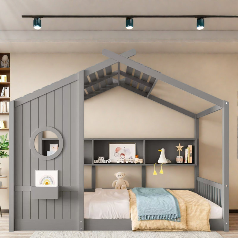 Lit sur pied avec tablettes de rangement, Double, Gris