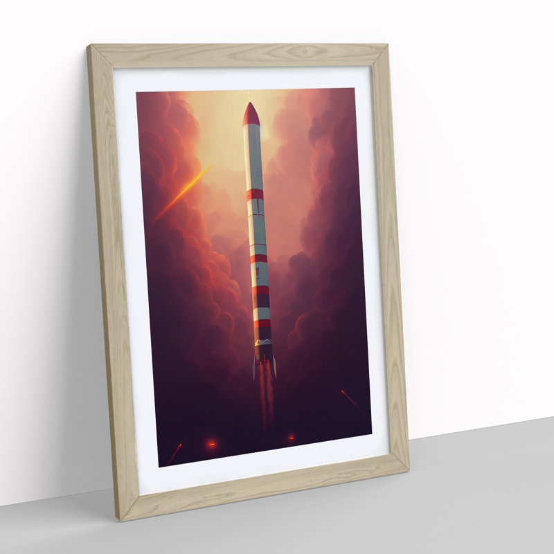 Compelling Spaceship Rocket - Single Picture Frame Print, 34cm H x 25cm W x 2cm D, Oak Framed