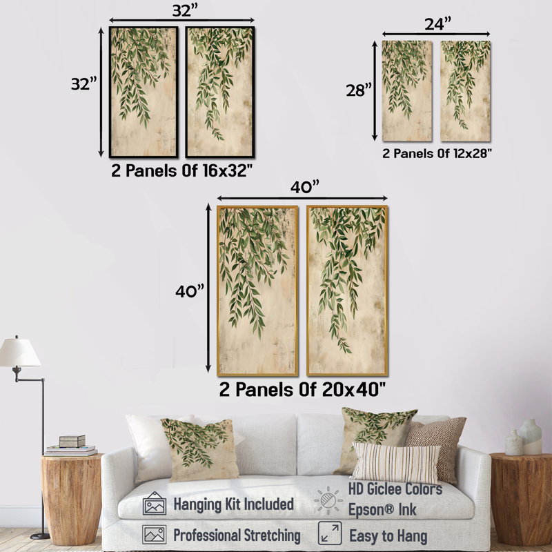 «Green Botanical Plant Vines I - Plants», ensemble de 2 pièces d'art mural, H 32 po x l 32 po, Toile tendue sur cadre
