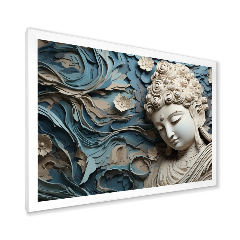 Statue religieuse bouddhisme I - décoration murale bouddhisme, H 30 po x l 40 po x P 1,5 po, Cadre blanc