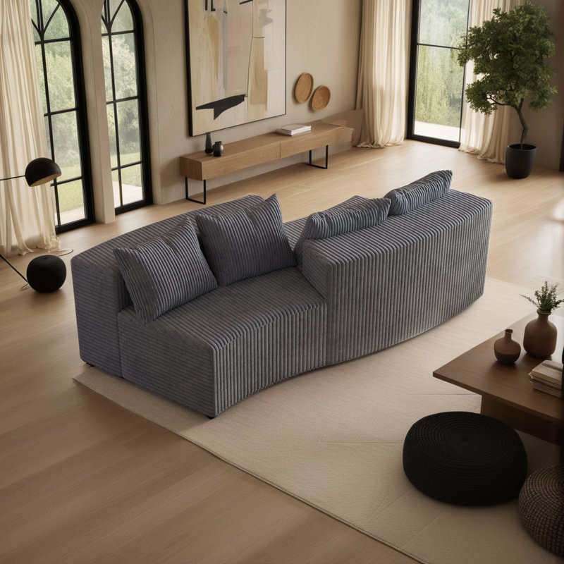 Canapé modulaire courbé avec quatre coussins Boneless, Gris